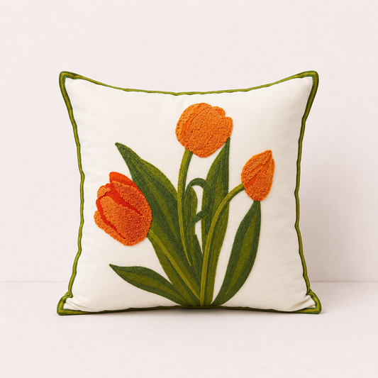 Embroidered Cotton Garden Pillow Cover - Orange Tulip