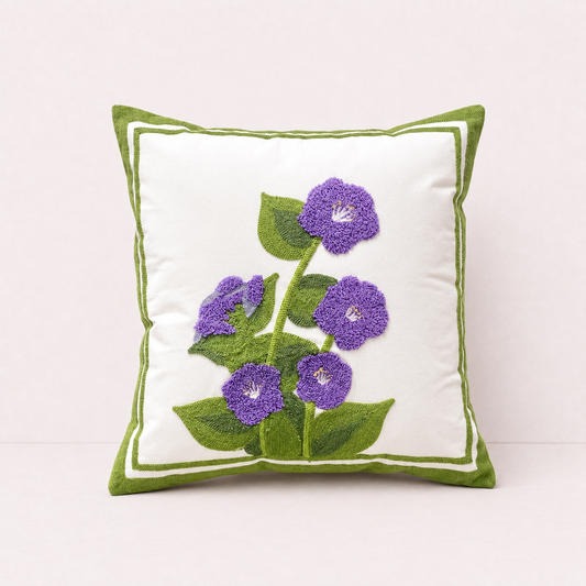 Embroidered Cotton Garden Pillow Cover - Purple Daisy