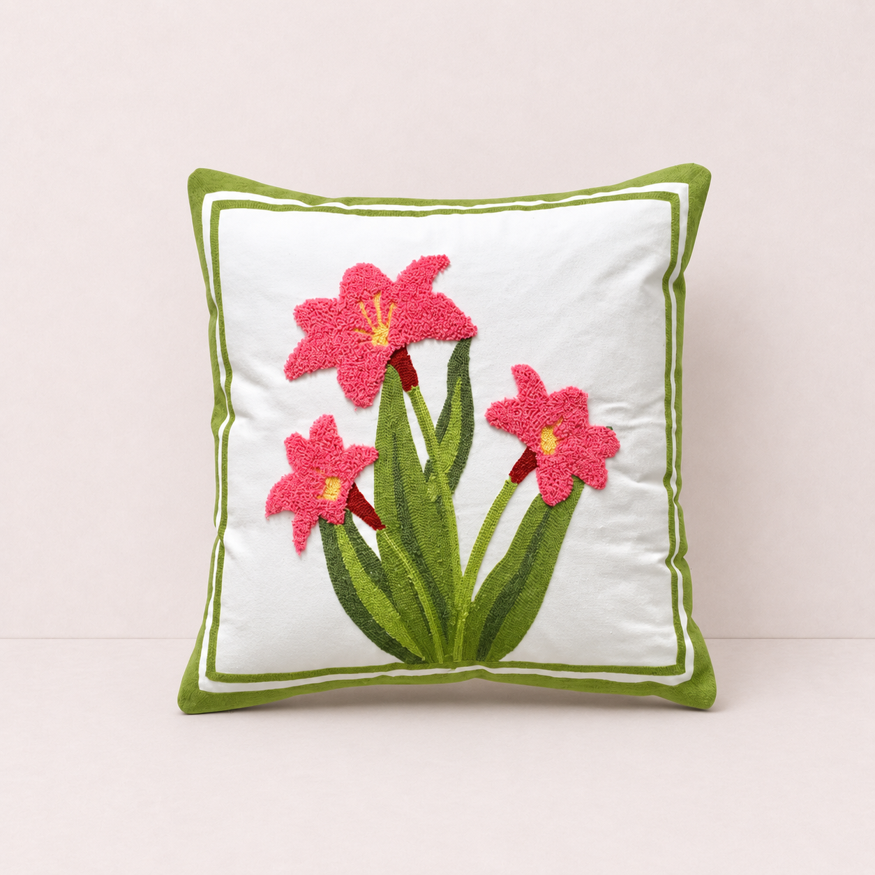 Embroidered Cotton Garden Pillow Cover - Pink Lily