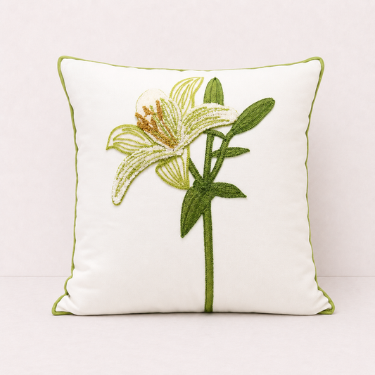 Embroidered Cotton Garden Pillow Cover - Green Lily