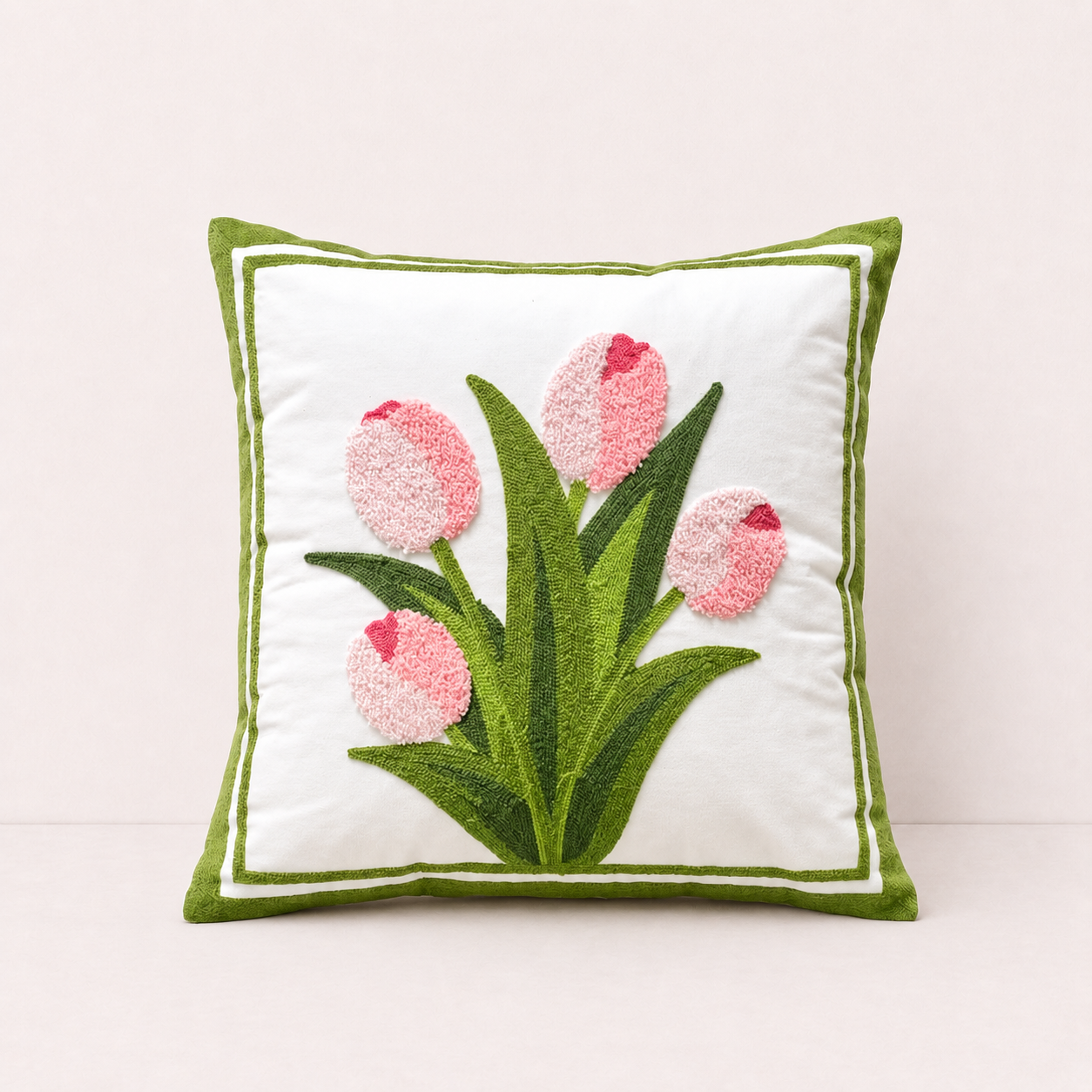 Embroidered Cotton Garden Pillow Cover - Pink Tulip