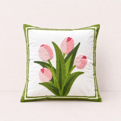 Embroidered Cotton Garden Pillow Cover - Pink Tulip