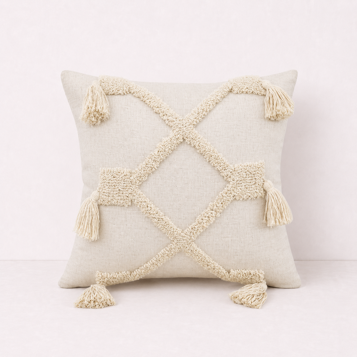 Cream Tufted Tassel Decorative Pillow Cover