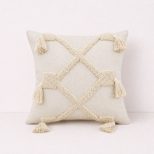 Cream Tufted Tassel Decorative Pillow Cover