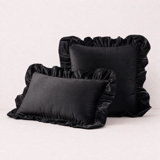 Ruffled Velvet Cushion Pillow Cover - Black