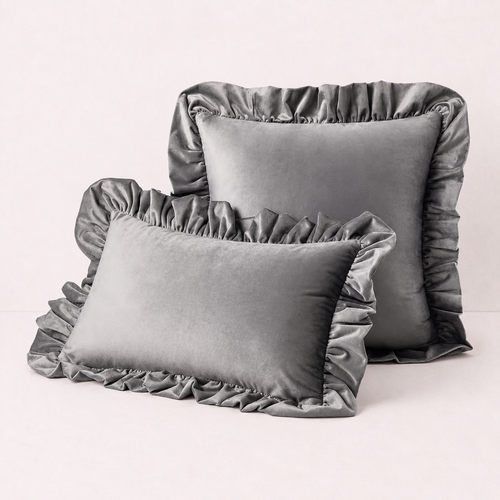 Ruffled Velvet Cushion Pillow Cover - Grey