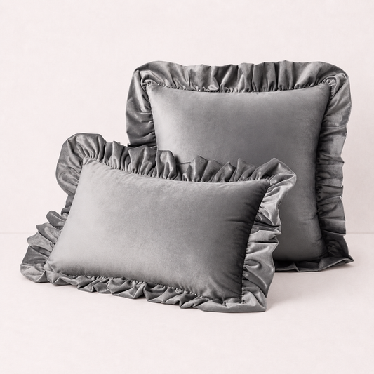 Ruffled Velvet Cushion Pillow Cover - Grey