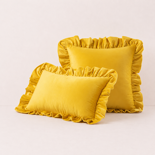 Ruffled Velvet Cushion Pillow Cover - Yellow