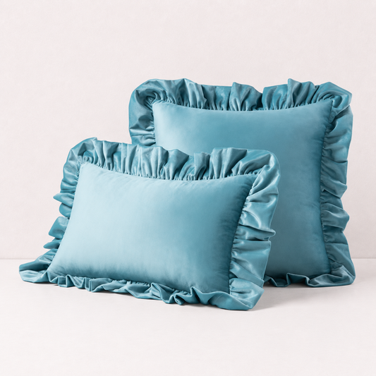 Ruffled Velvet Cushion Pillow Cover - Light Blue