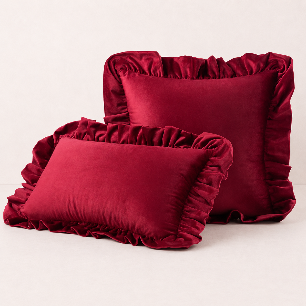 Ruffled Velvet Cushion Pillow Cover - Red