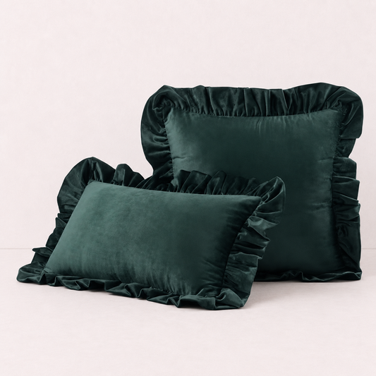 Ruffled Velvet Cushion Pillow Cover - Green