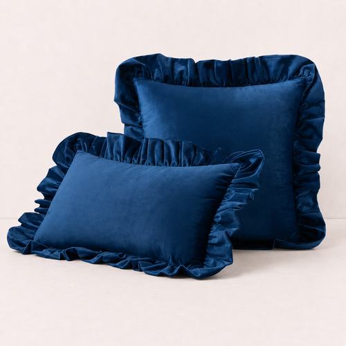 Ruffled Velvet Cushion Pillow Cover - Blue