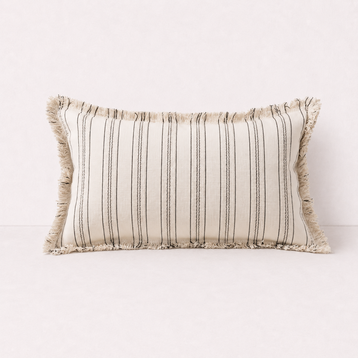 Cream Striped Fringe Lumbar Pillow Cover
