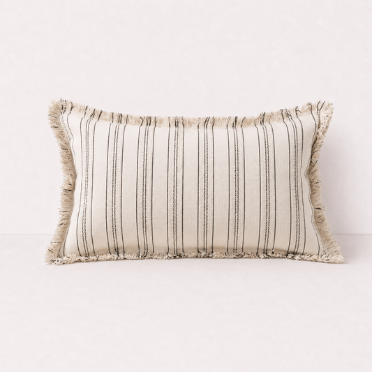 Cream Striped Fringe Lumbar Pillow Cover