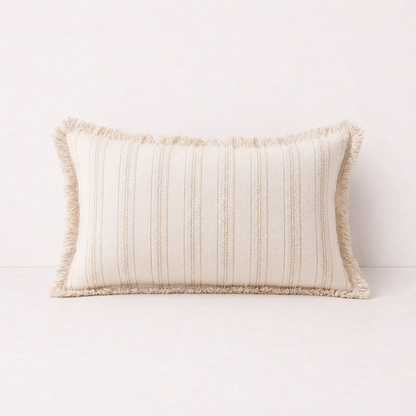 Cream Striped Fringe Lumbar Pillow Cover