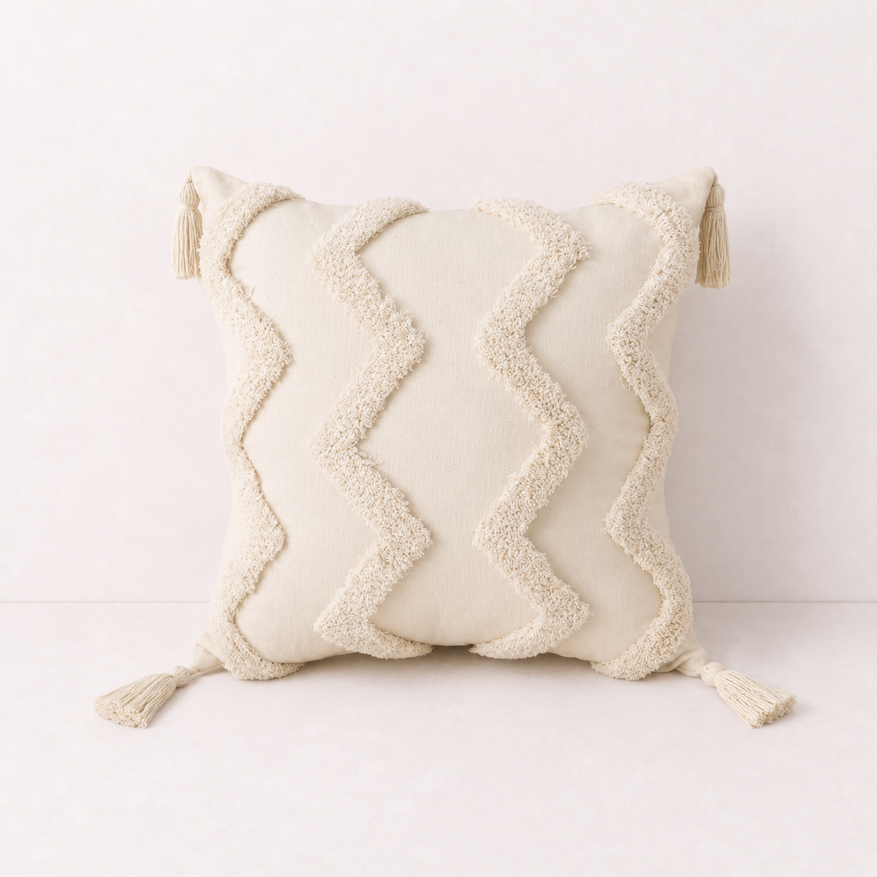 Cream Tufted Tassel Pillow Cover - Wavy Tassel