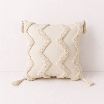 Cream Tufted Tassel Pillow Cover - Wavy Tassel