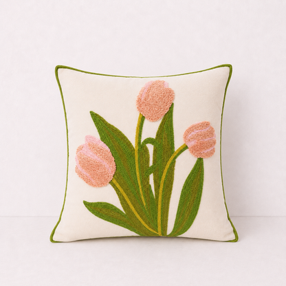 Floral Embroidered Throw Pillow Cover - Blue Leaf