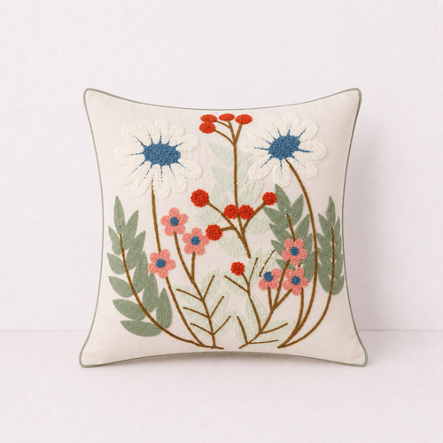 Floral Embroidered Throw Pillow Cover - Flower Falling