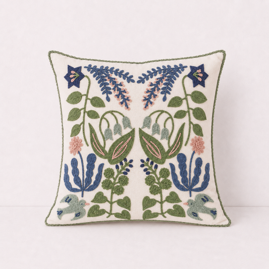 Floral Embroidered Throw Pillow Cover - Valley Blue