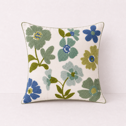 Floral Embroidered Throw Pillow Cover - Blue Leaf