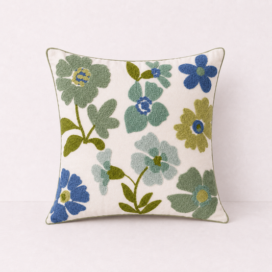 Floral Embroidered Throw Pillow Cover - Blue Leaf