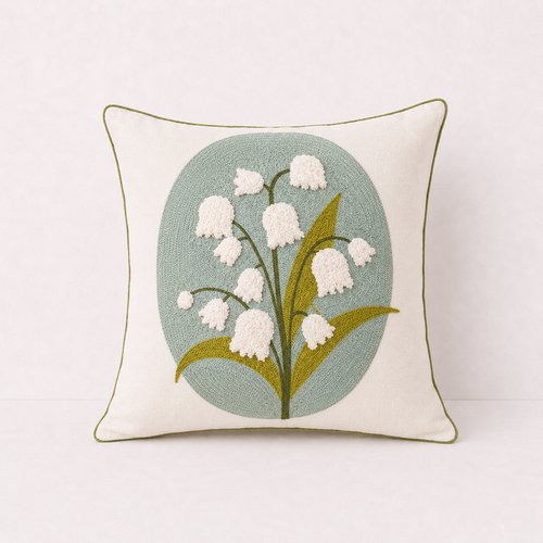 Floral Embroidered Throw Pillow Cover - Smilling Face