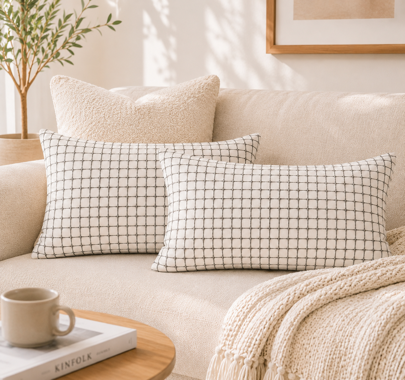 Ivory Grid Textured Pillow Cover