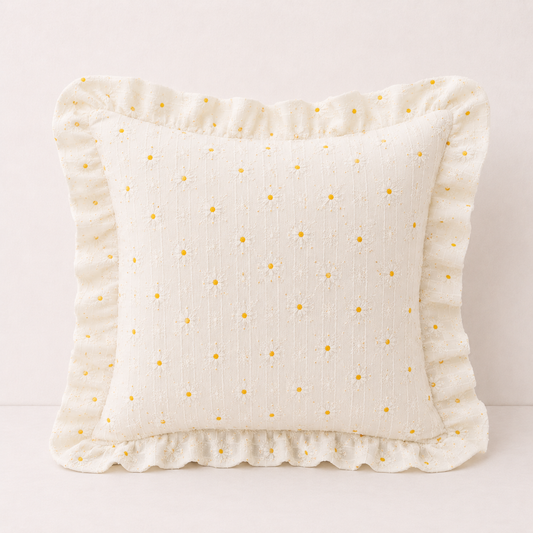 Korean Daisy Ruffle Pillow Cover - Beige