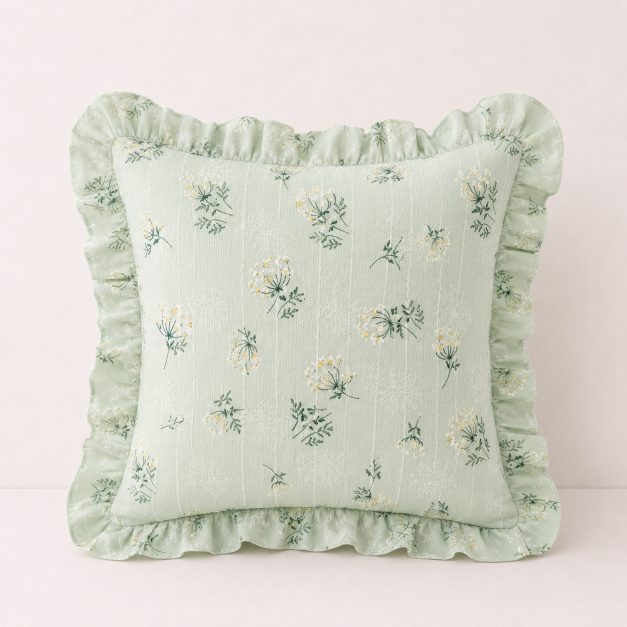 Korean Daisy Ruffle Pillow Cover - Green