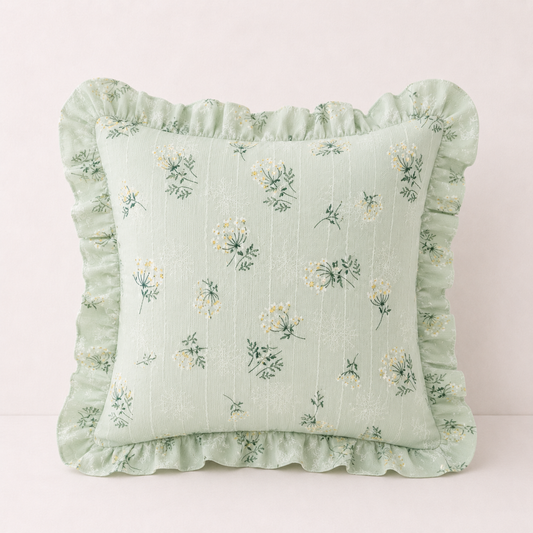 Korean Daisy Ruffle Pillow Cover - Green