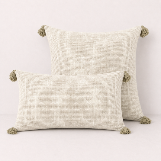 Tassel Linen Cushion Pillow Cover - Cream