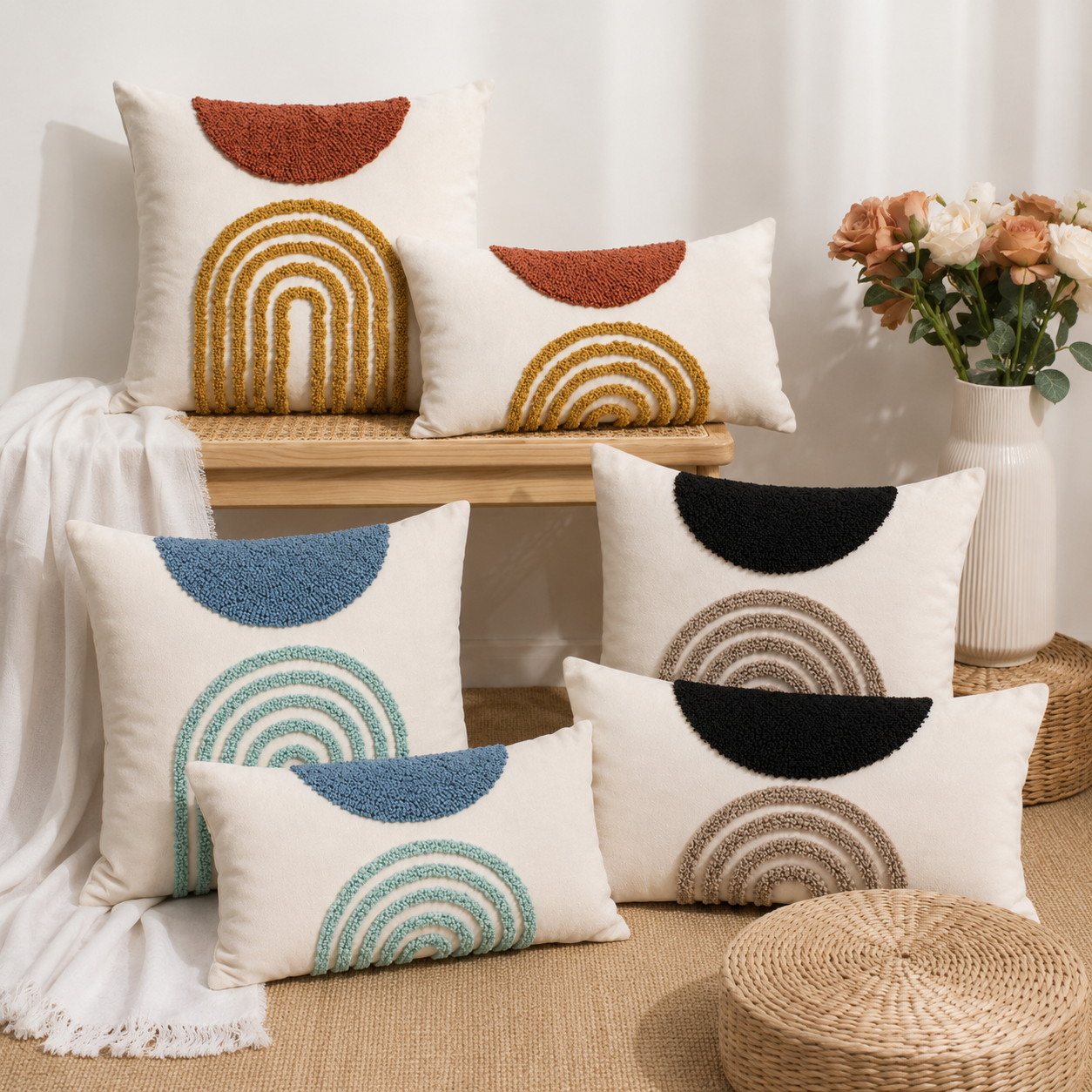 Geometric Semicircle Throw Pillow Cover - Black