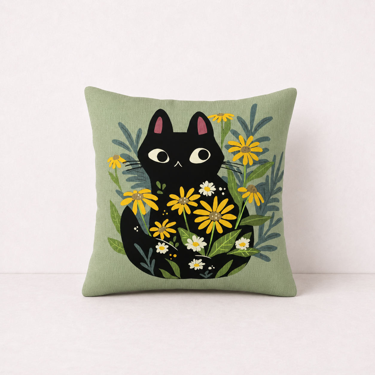 Cute Floral Cat Pillow Cover - Yellow