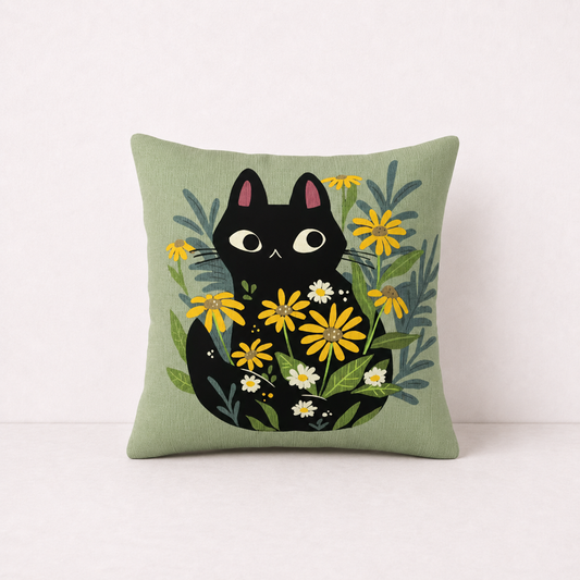 Cute Floral Cat Pillow Cover - Yellow