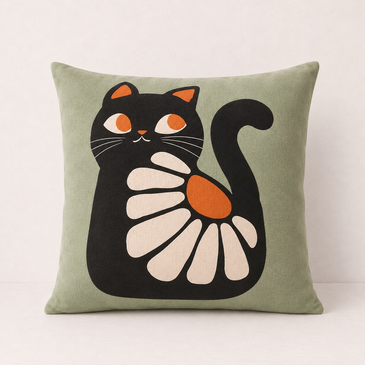 Cute Floral Cat Pillow Cover - Black