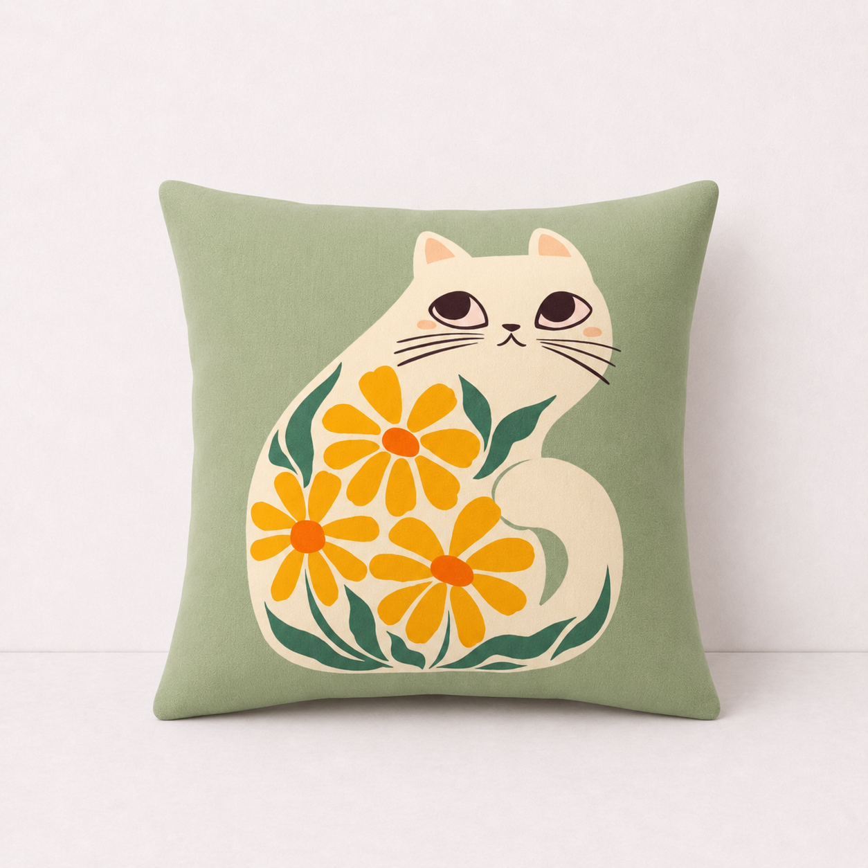 Cute Floral Cat Pillow Cover - Orange