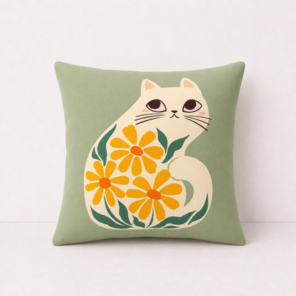 Cute Floral Cat Pillow Cover - Orange