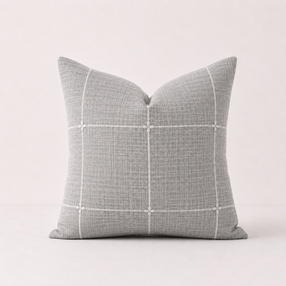 Embroidered Farmhouse Style Striped Pillow Cover-Grey Grid