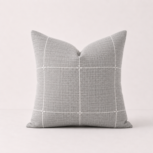 Embroidered Farmhouse Style Striped Pillow Cover-Grey Grid