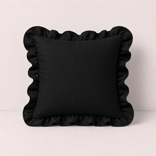 French Ruffle Cotton Pillow Cover - Black