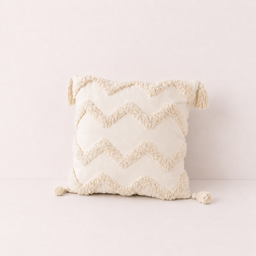 Cream Tufted Tassel Pillow Cover - Wavy Tassel