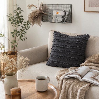 Fringed Boho Throw Pillow Cover Style - Grey