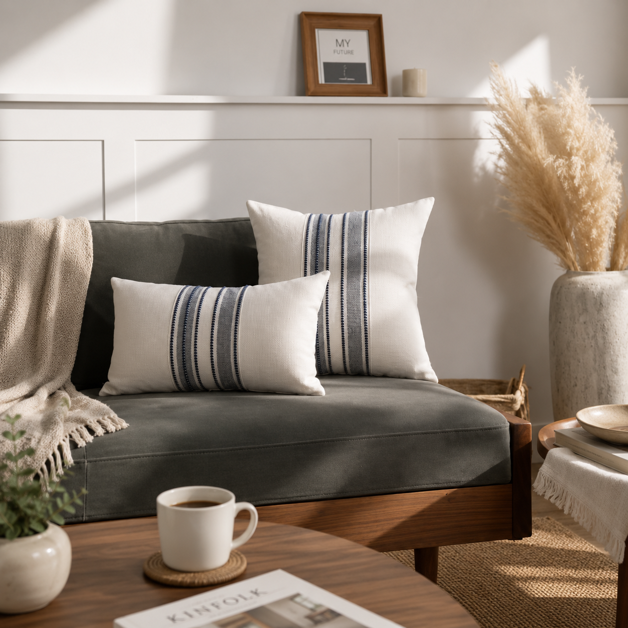 Embroidered Stripe Decorative Pillow Cover - Black