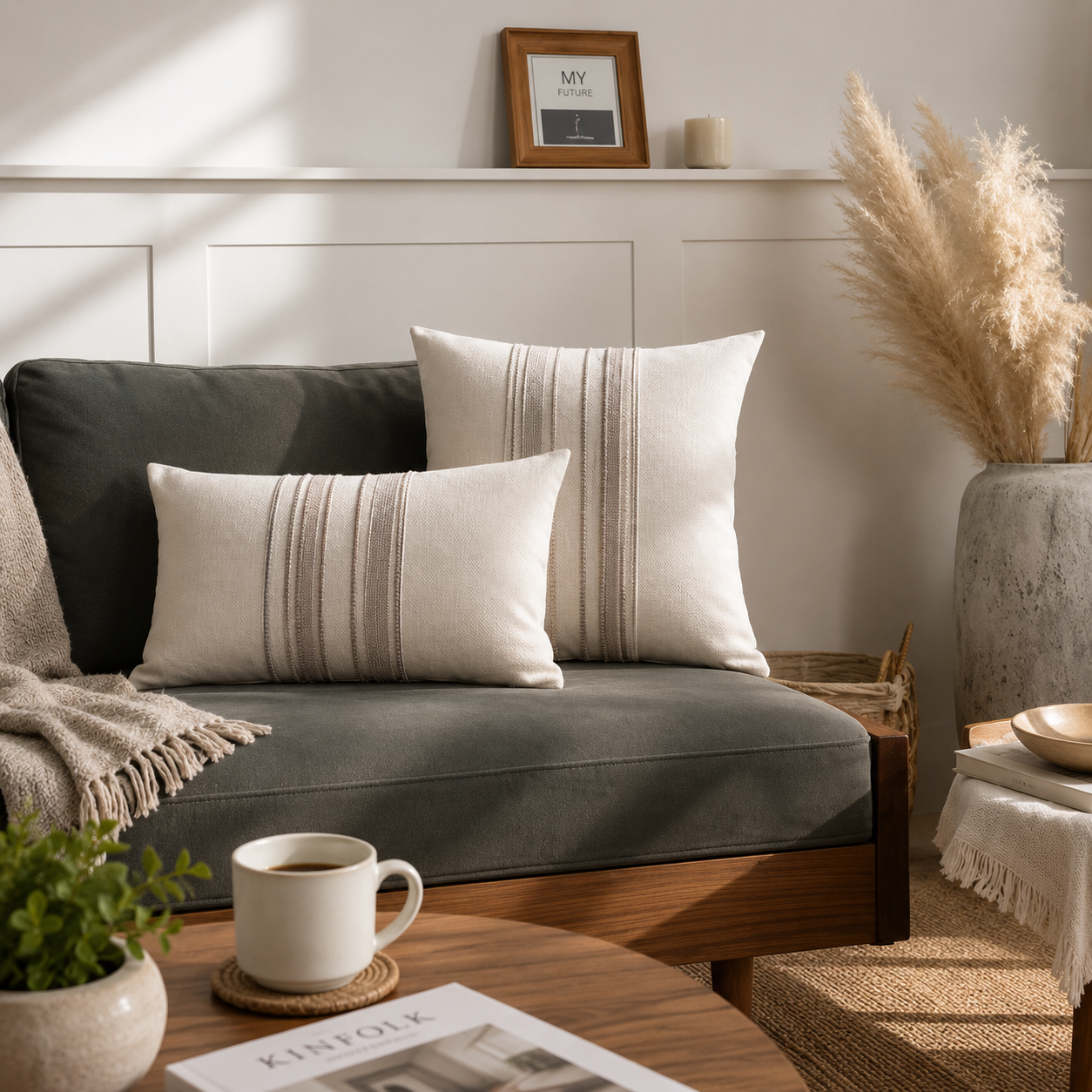 Embroidered Stripe Decorative Pillow Cover - Beige
