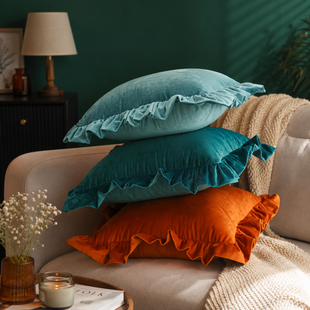 Ruffled Velvet Cushion Pillow Cover - Orange