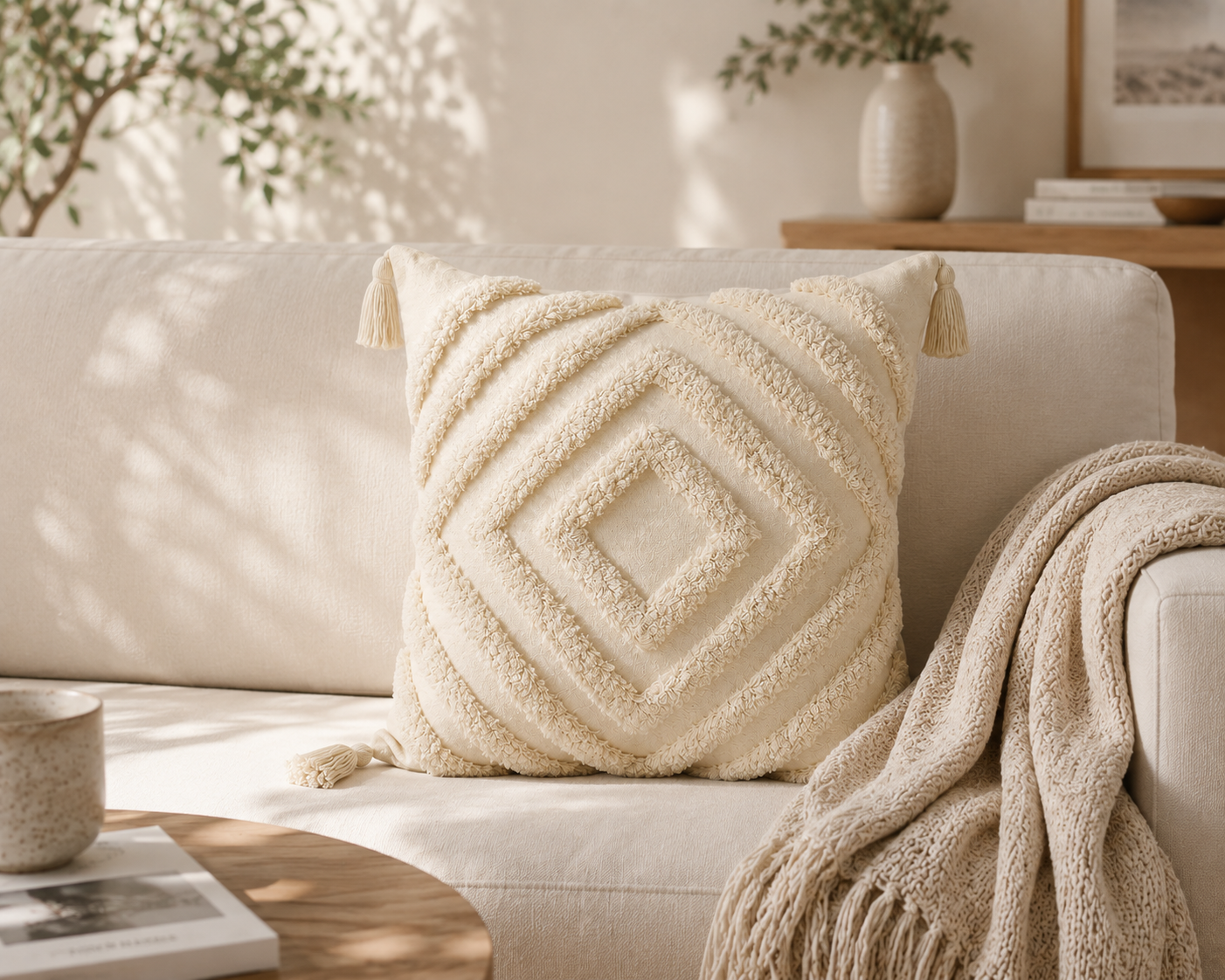 Cream Tufted Tassel Pillow Cover - Diamond