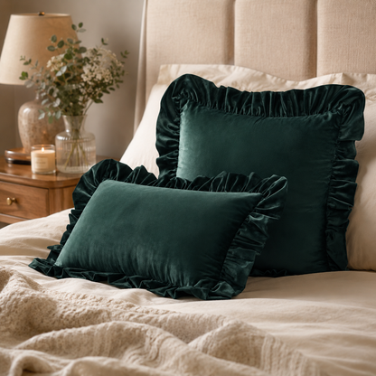 Ruffled Velvet Cushion Pillow Cover - Green