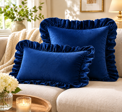 Ruffled Velvet Cushion Pillow Cover - Blue
