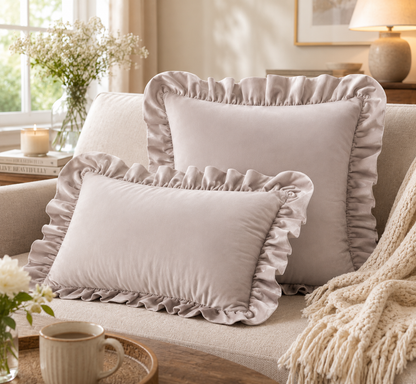 Ruffled Velvet Cushion Pillow Cover - Stone Beige